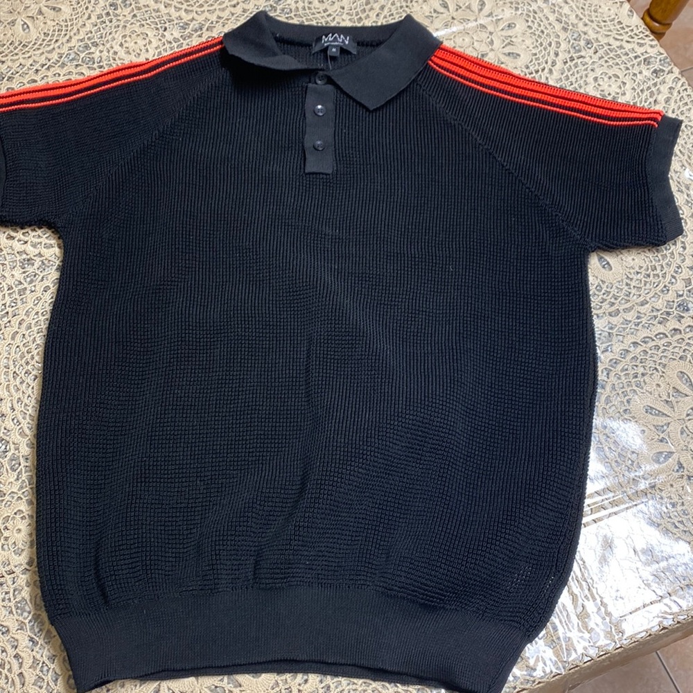 Black Knitted Polo with Red Neon Arm Stripes